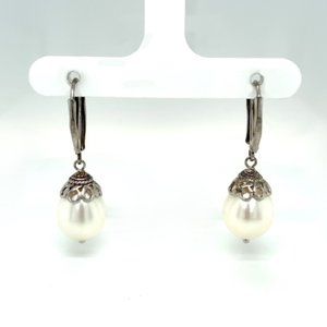 Sterling Silver 10.9mm Pearl Dangle Earrings 1 3/8